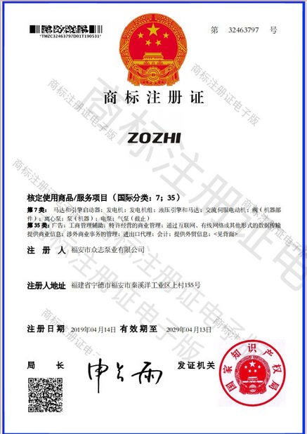 चीन Fuan Zhongzhi Pump Co., Ltd. प्रमाणपत्र